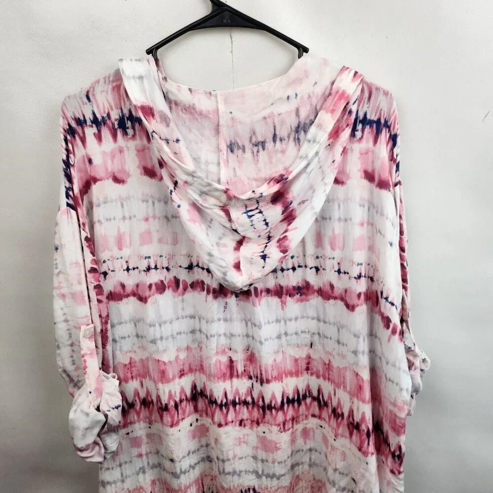 Fate Womens Oversized Hippie Hoodie Small Pink White Tie Dye‎ Button Hem